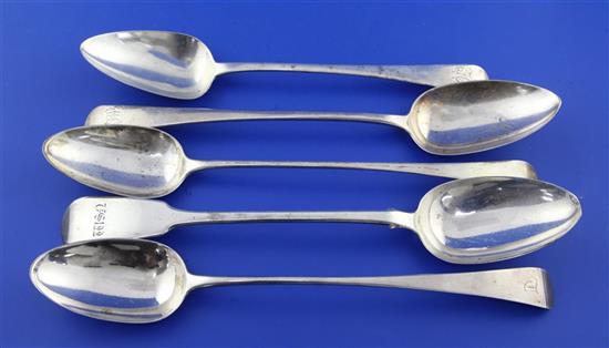 Four Georgian silver Old English pattern basting spoons and one fiddle pattern basting spoon, 16 oz.